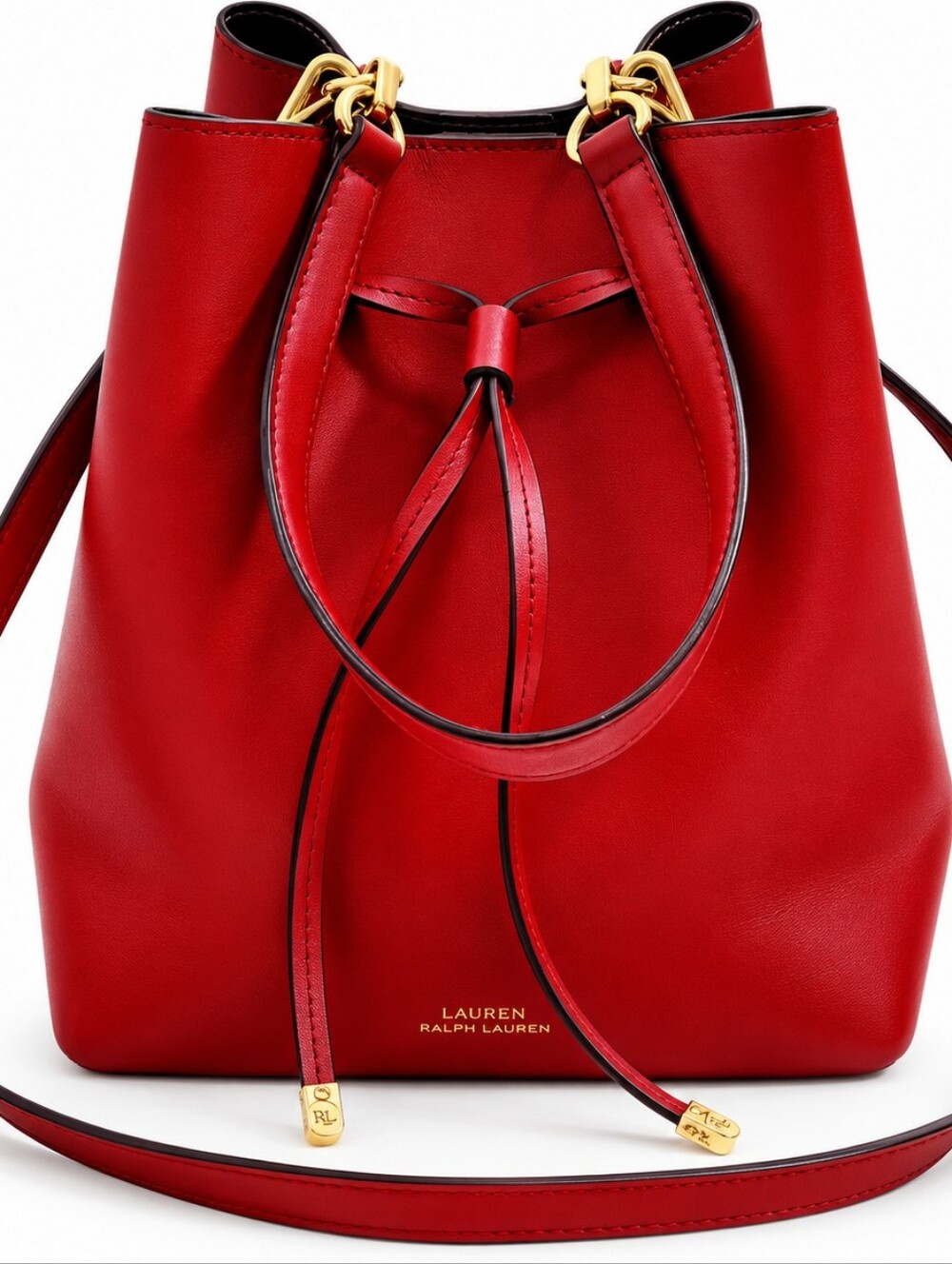 LRL RALPH LAUREN Red Leather Bucket Bag Gold Hardware Detachable Crossbody Strap